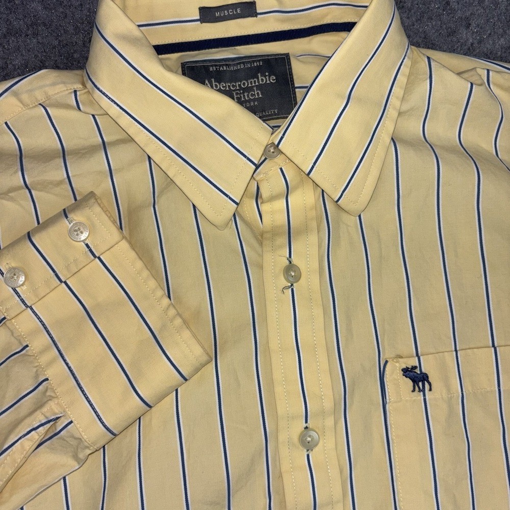 Abercrombie & Fitch Muscle Shirt Men's XXL Yellow Blue Stripe Button Up Logo Y2K